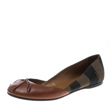 Pre Owned Fendi Brown Canvas and Leather Pequin Bow Ballet Flats Size 39