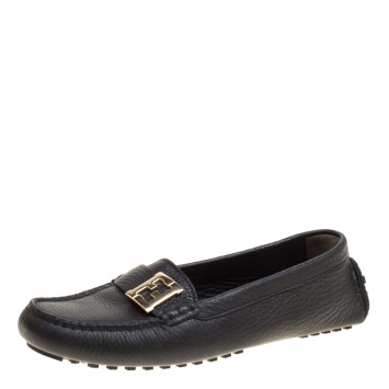 Pre Owned Fendi Black Leather Logo Loafers Size 38