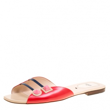Pre Owned Fendi Coral Red Open Toe Flat Slides Size 38.5