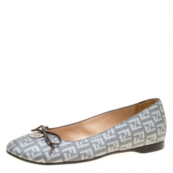 Pre Owned Fendi Grey Zucca Canvas Bow Ballet Flats Size 36