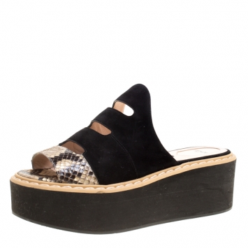 Pre Owned Fendi Black Suede And Python Leather Flowerland Runway Platform Slides Size 38