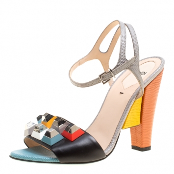 Pre Owned Fendi Multicolor Leather Fantasia Studded Ankle Strap Sandals Size 39.5
