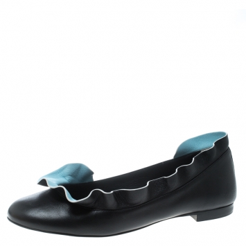 مملوكة مسبقًا Fendi Black Leather Ruffle Trim Ballet Flats Size 37.5