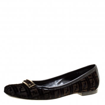 مملوكة مسبقًا Fendi Black Zucca Velvet and Patent Leather Square Toe Ballet Flats Size 37