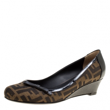 Pre Owned Fendi Brown Zucca Canvas Wedge Pumps Size 39