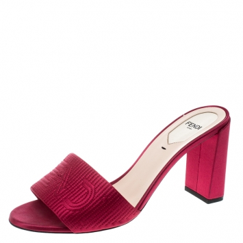 Pre Owned Fendi Maroon Satin Logo Embroidered Block Heel Slide Mules Size 39.5