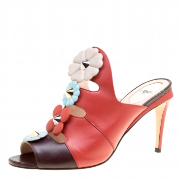 Pre Owned Fendi Multicolor Leather Floral Applique Leather Mules Sandals 39