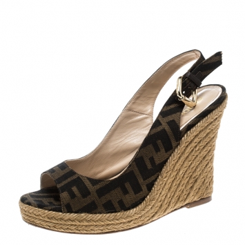Pre Owned Fendi Brown Zucca Canvas Slingback Espadrille Wedge Platform Sandals Size 37