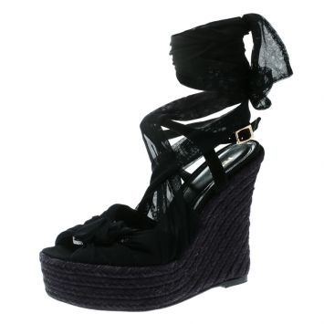 Pre Owned Fendi Black Tulle Fabric and Suede Wedge Espadrille Tie Up Sandals Size 39