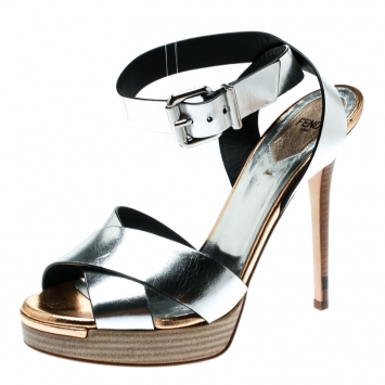 Pre Owned Fendi Metallic Silver Leather Cross Strap Platform Sandals Size 39