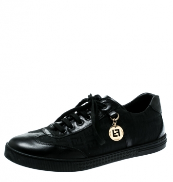 Pre Owned Fendi Black Zucca Canvas and Leather Sneakers Size 39