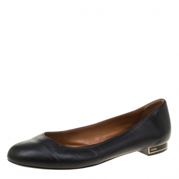 Pre Owned Fendi Black Leather Ballet Flats Size 38