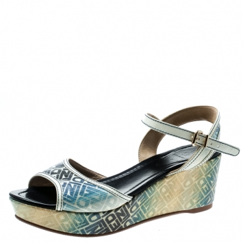 Pre Owned Fendi Multicolor Printed Canvas And Leather Trim Platform Wedge Sandals Size 41