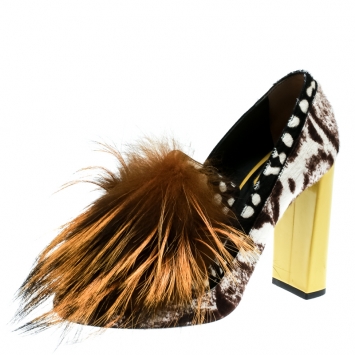 Pre Owned Fendi Multicolor Print Calf Hair And Fox Fur Block Heel Pumps Size 36