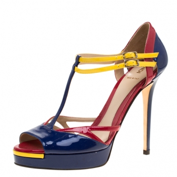 Pre Owned Fendi Multicolor Patent Leather Peep Toe T-Strap Sandals Size 40