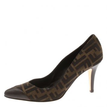 Pre Owned Fendi Brown Zucca Canvas And Leather Pointed Toe Pumps Size 40