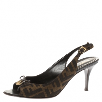 Pre Owned Fendi Tobacco Zucca Canvas Logo Plaque Peep Toe Slingback Sandals Size 39