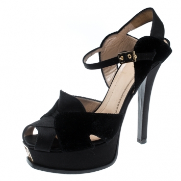 Pre Owned Fendi Black Velvet And Satin Peep Toe Ankle Strap Platform Sandals Size 37