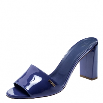Pre Owned Fendi Blue Patent Leather Logo Detail Block Heel Sandals Size 40