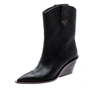 مملوكة مسبقًا Fendi Black Leather Pointed Toe Mid Calf Wedge Cowboy Boots Size 39