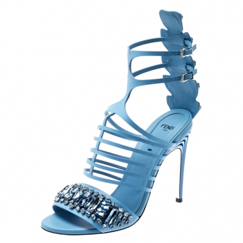Pre Owned Fendi Blue Leather Crocodile Crystal Embellished Cage Sandals Size 39