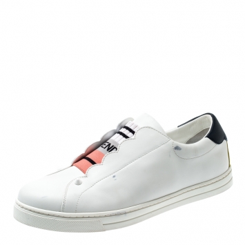 Pre Owned Fendi White Leather With Logo Knit Rockoko Scallop Detail Slip On Sneakers Size 40