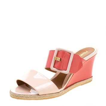 Pre Owned Fendi Coral/Pink Patent Leather Buckle Strap Wedge Sandals Size 38
