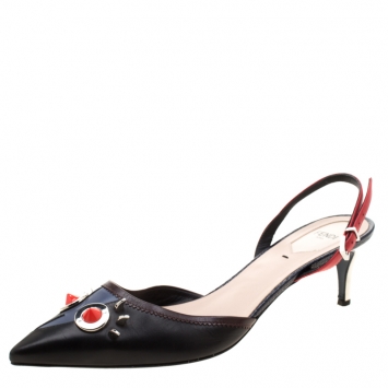 Pre Owned Fendi Black Leather Studded Monster Slingback Sandals Size 40