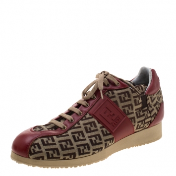 Pre Owned Fendi Zucca Beige Canvas And Red Leather Lace Up Sneakers Size 38.5