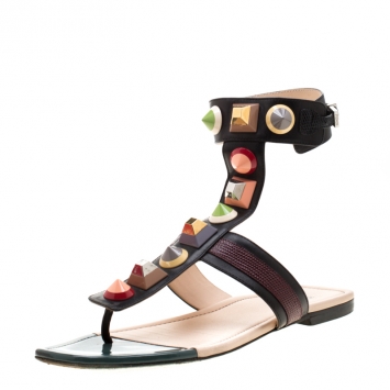 Pre Owned Fendi Multicolor Leather Studded Ankle Cuff Flat Sandals Size 39