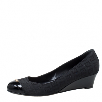 Pre Owned Fendi Black Canvas Wedge Heel Cap Toe Pumps Size 39.5