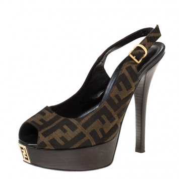 Pre Owned Fendi Tobacco Brown Zucca Canvas Gold Logo Slingback Platform Pumps Size 39