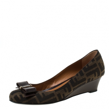 Pre Owned Fendi Brown Zucca Canvas Bow Detail Ballerina Flats Size 38