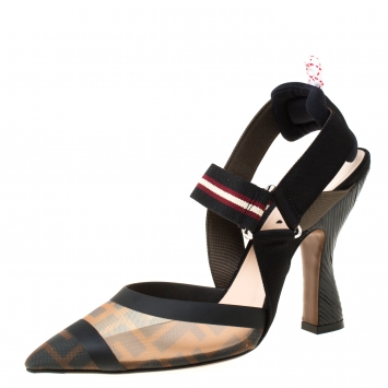 Pre Owned Fendi Black/Brown Mesh Colibri Slingback Pumps Size 38