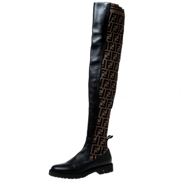مملوكة مسبقًا Fendi Brown Leather And Logo Canvas Jacquard Thigh Length Boots Size 38