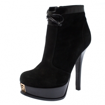 مملوكة مسبقًا Fendi Black Suede and Leather Fendista Platform Ankle Boots Size 37