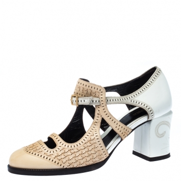 Pre Owned Fendi Two Tone Laser Cut Leather Chameleon Block Heel Pumps Size 38