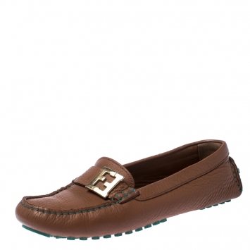 Pre Owned  Fendi Brown Leather Logo Slip On Loafers Size 38.5