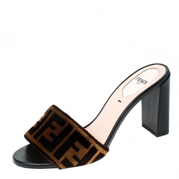 Pre Owned Fendi Brown Zucca Velvet Slip On Slides Size 36