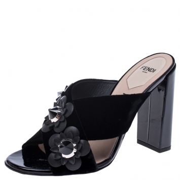 Pre Owned Fendi Black Velvet Flowerland Embellished Open Toe Mules Size 37.5