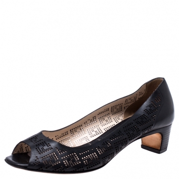 Pre Owned Fendi Black Perforated Leather Peep Toe Pumps Size 38