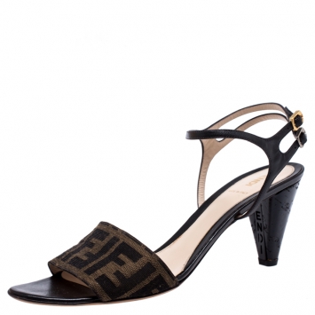 Pre Owned Fendi Brown Zucca Canvas And Leather Slingback Strap Sandals Size 41