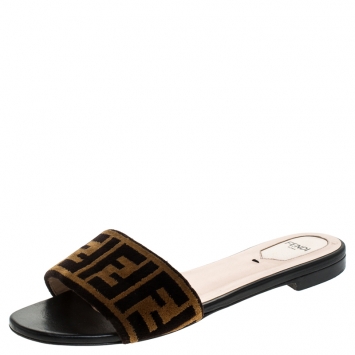 Pre Owned  Fendi Brown Logo Printed Velvet Flat Slides Size 38