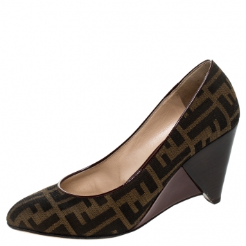 Pre Owned Fendi Brown Tobacco Zucca Canvas Wedge Pumps Size 38.5
