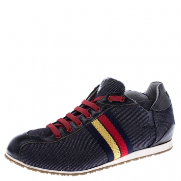 Pre Owned  Fendi Blue Canvas And Leather Lace Up Low Top Sneakers Size 36.5