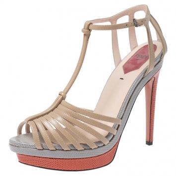 Pre Owned Fendi Tri Color Lizard and Leather Favorite T-Strap Platform Sandals Size 38