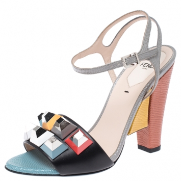 Pre Owned Fendi Multicolor Studded Lizard and Leather Fantazia Sandals Size 37