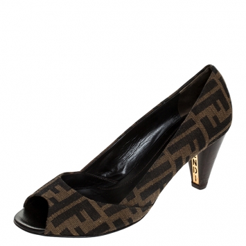 Pre Owned  Fendi Brown Zucca Canvas Peep Toe Pumps Size 38