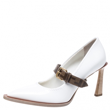 Pre Owned Fendi White/Brown Patent Leather Mary Jane Oversized Sole Pumps Size 40