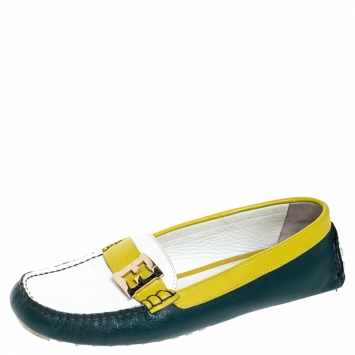 Pre Owned  Fendi Tri Color Saffiano Leather Logo Slip On Loafers Size 39.5